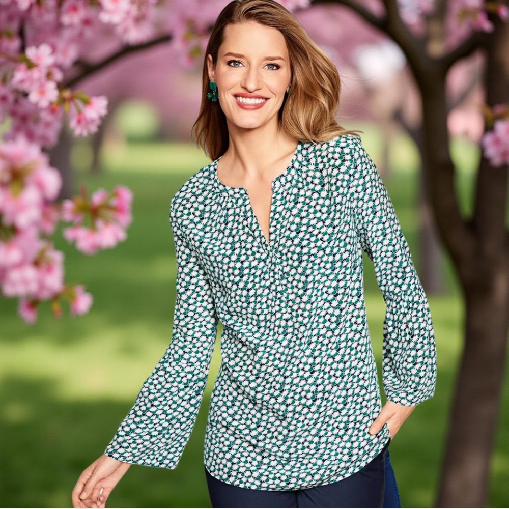 Talbots Washable Silk Navy Blue Turquoise & White Floral Split Neck Blouse 2X